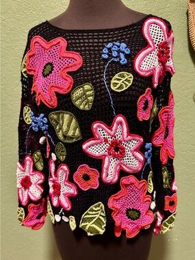 Black Crochet Scoop Neck Sweater with Pink Floral Appliqués